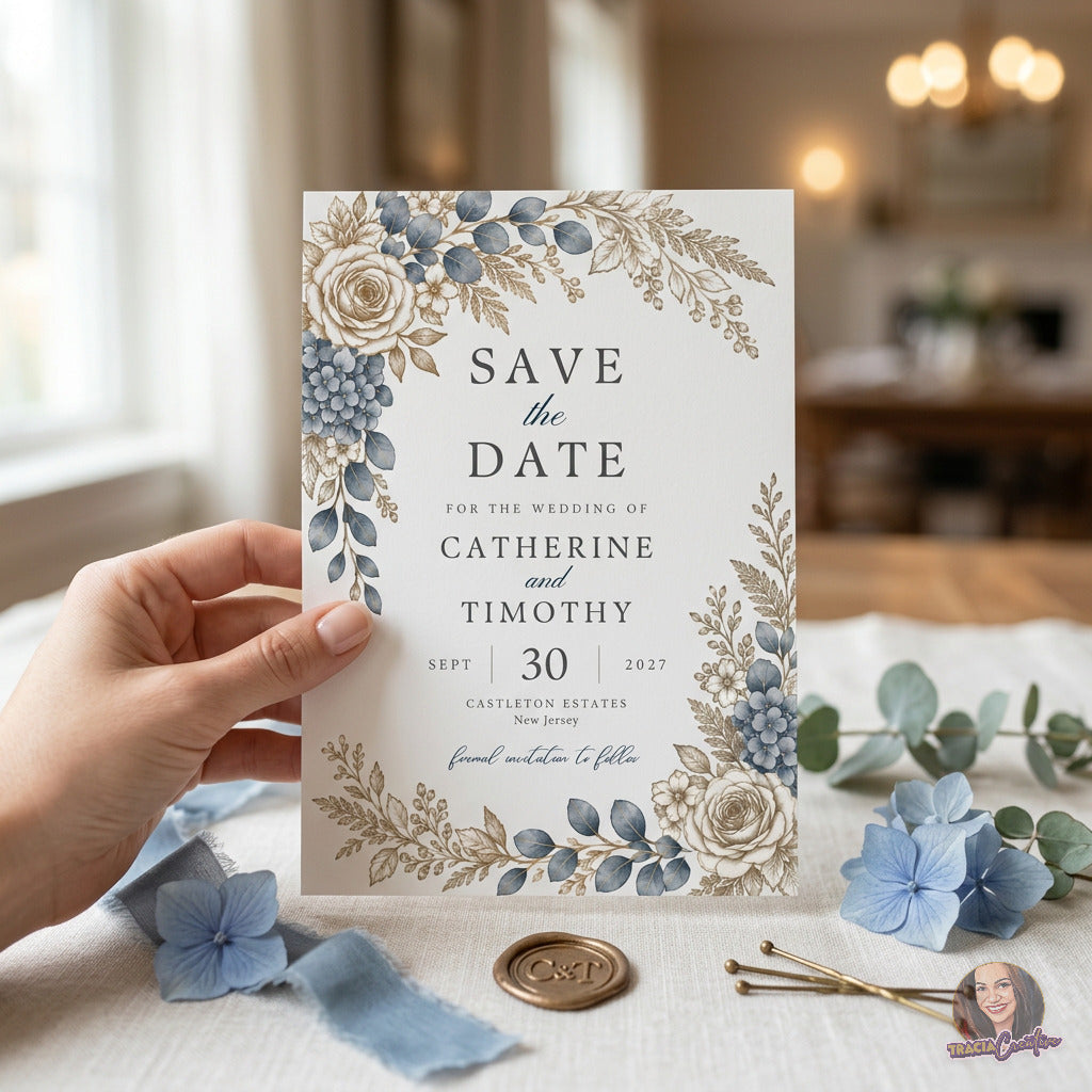 Dusty Blue Hydrangea Save the Date Template, Editable Canva Wedding Card, 5x7