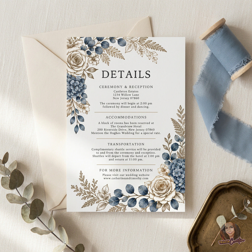 Dusty Blue Hydrangea Wedding Details Card Template, Editable Canva Floral Invitation Insert, 4x6
