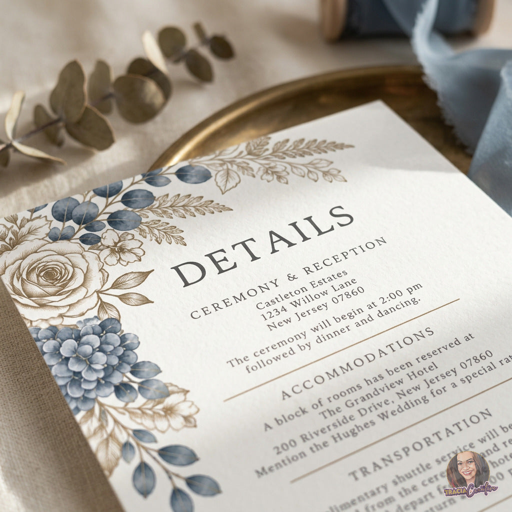 Dusty Blue Hydrangea Wedding Details Card Template, Editable Canva Floral Invitation Insert, 4x6