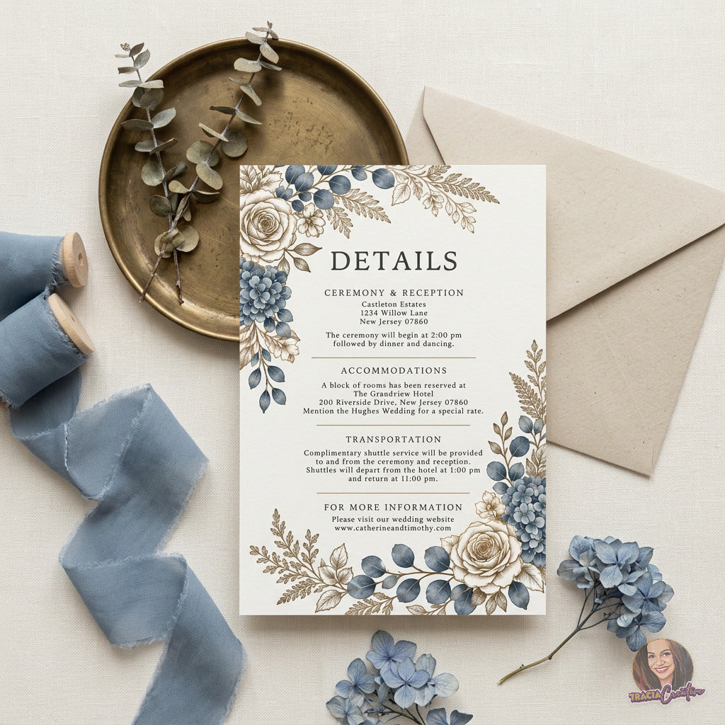 Dusty Blue Hydrangea Wedding Details Card Template, Editable Canva Floral Invitation Insert, 4x6