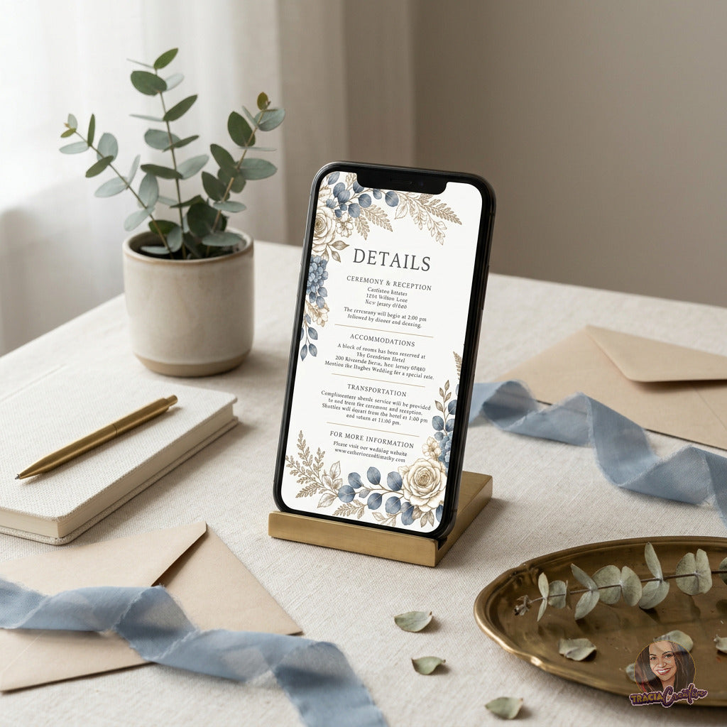 Dusty Blue Hydrangea Wedding Details Card Template, Editable Canva Floral Invitation Insert, 4x6