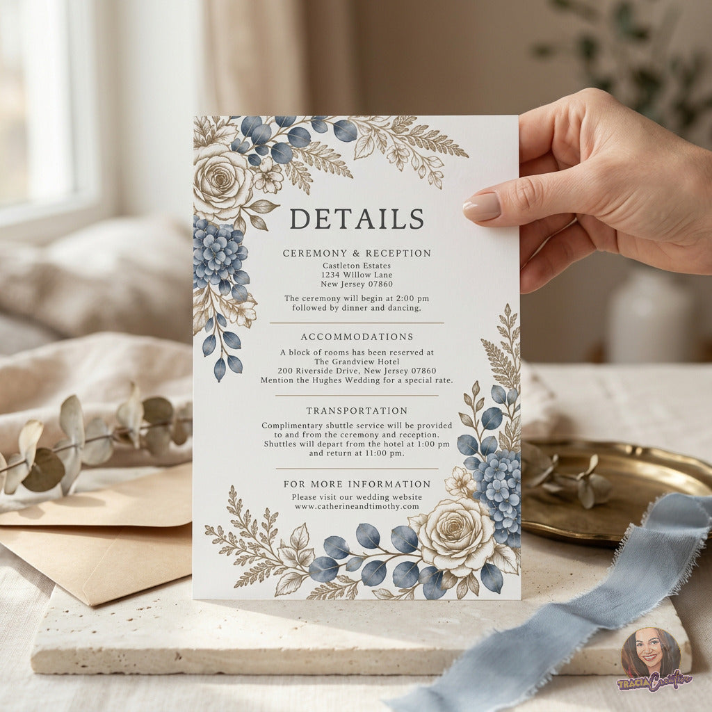 Dusty Blue Hydrangea Wedding Details Card Template, Editable Canva Floral Invitation Insert, 4x6