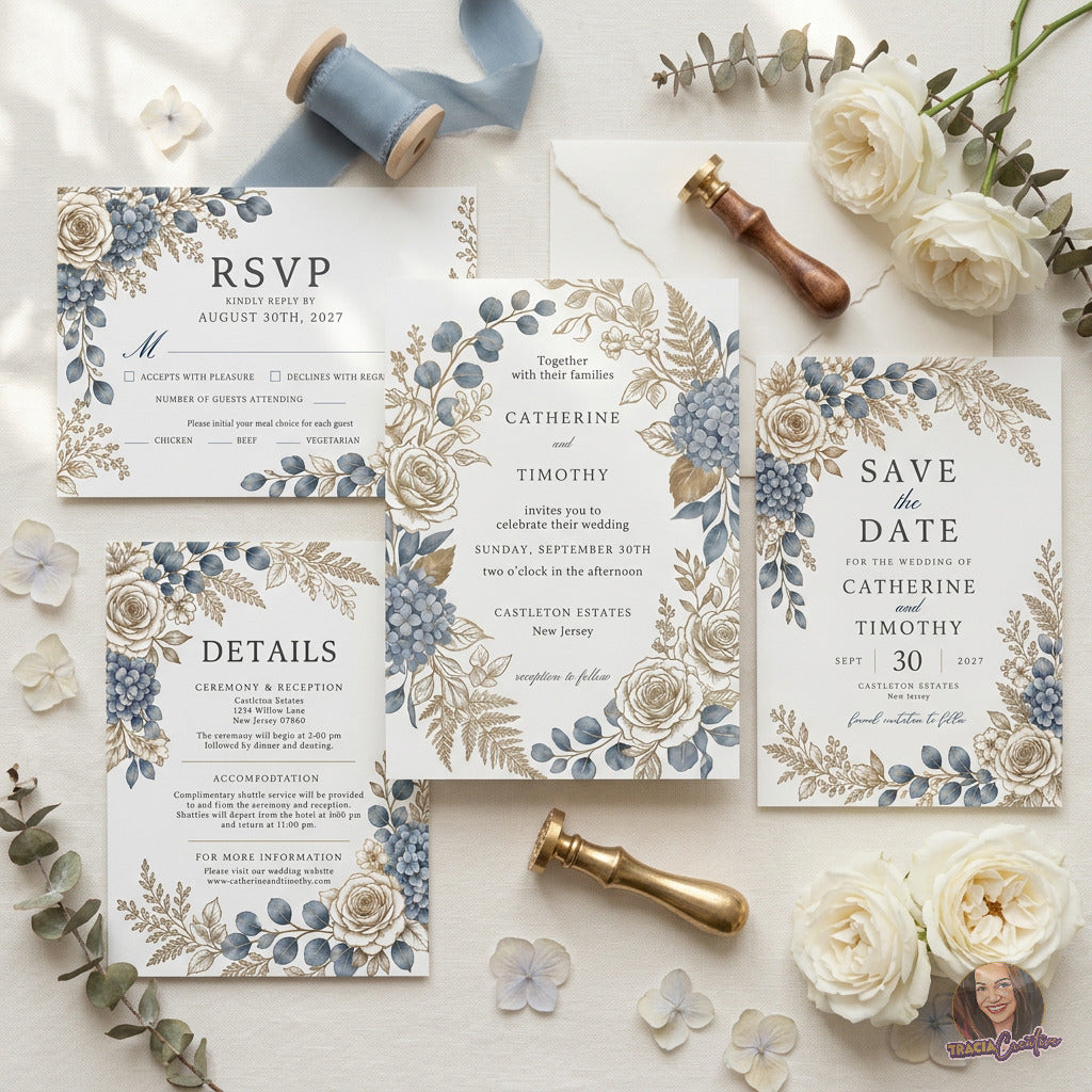 Dusty Blue Hydrangea Wedding Invitation Suite Bundle, Editable Canva Floral Wedding Templates