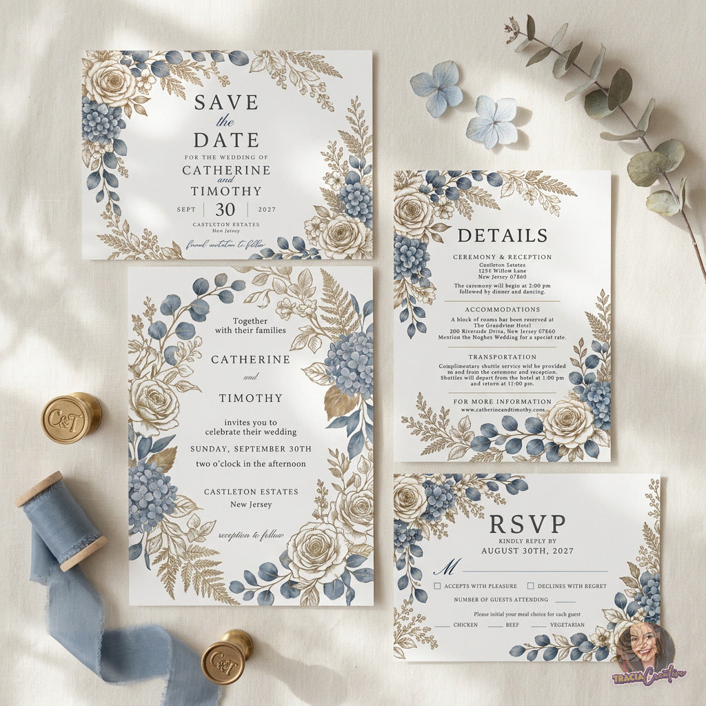 Dusty Blue Hydrangea Wedding Invitation Suite Bundle, Editable Canva Floral Wedding Templates