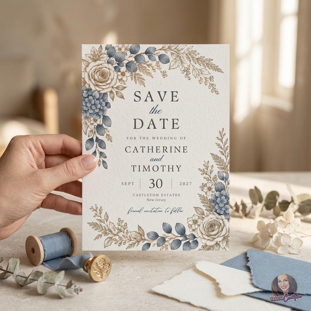 Dusty Blue Hydrangea Wedding Invitation Suite Bundle, Editable Canva Floral Wedding Templates