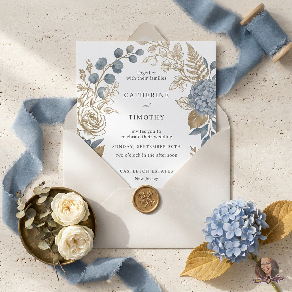 Dusty Blue Hydrangea Wedding Invitation Template, Editable Canva Floral Wedding Invite, 5x7