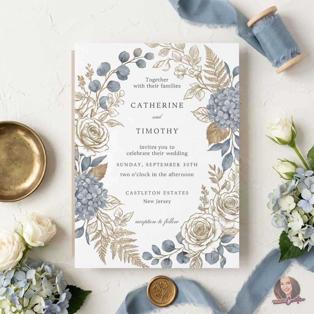 Dusty Blue Hydrangea Wedding Invitation Template, Editable Canva Floral Wedding Invite, 5x7
