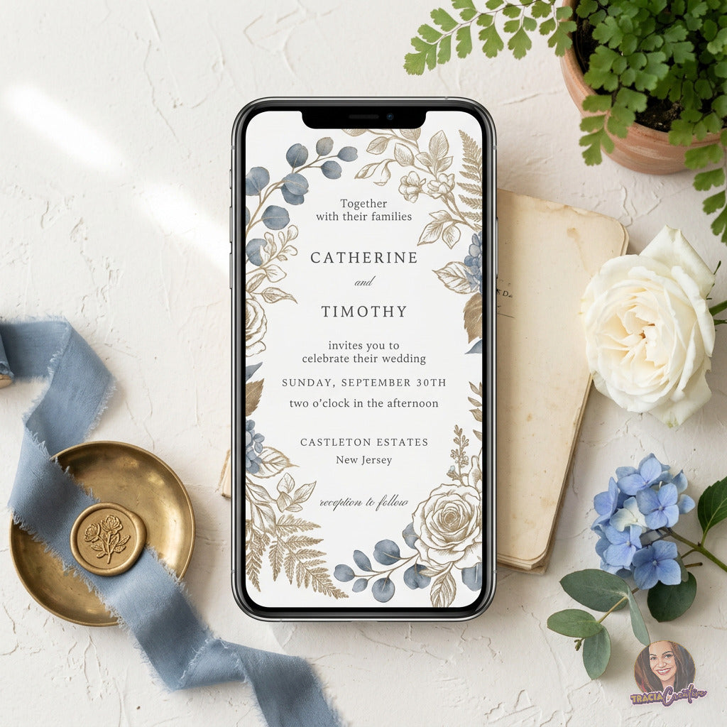 Dusty Blue Hydrangea Wedding Invitation Template, Editable Canva Floral Wedding Invite, 5x7
