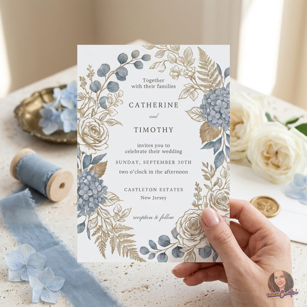 Dusty Blue Hydrangea Wedding Invitation Template, Editable Canva Floral Wedding Invite, 5x7