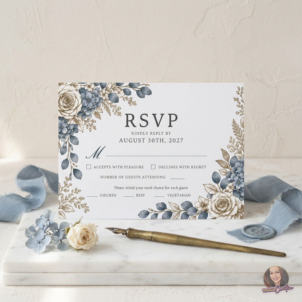 Dusty Blue Hydrangea Wedding RSVP Card Template, Editable Canva Response Card, 5x3.5