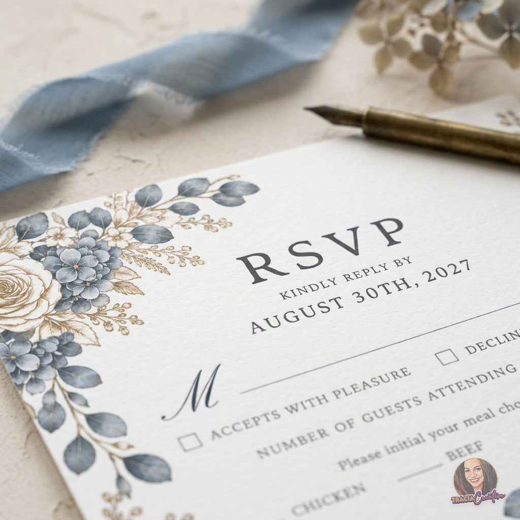 Dusty Blue Hydrangea Wedding RSVP Card Template, Editable Canva Response Card, 5x3.5