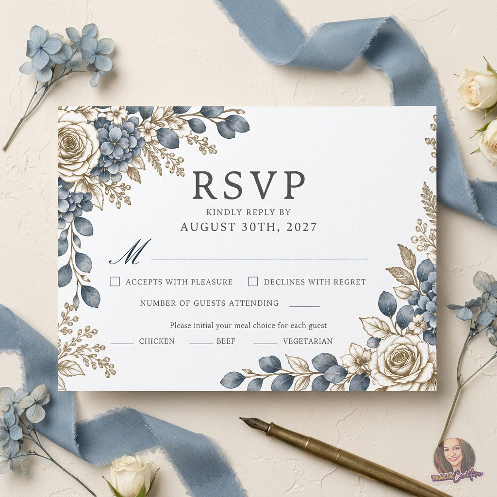 Dusty Blue Hydrangea Wedding Invitation Suite Bundle, Editable Canva Floral Wedding Templates