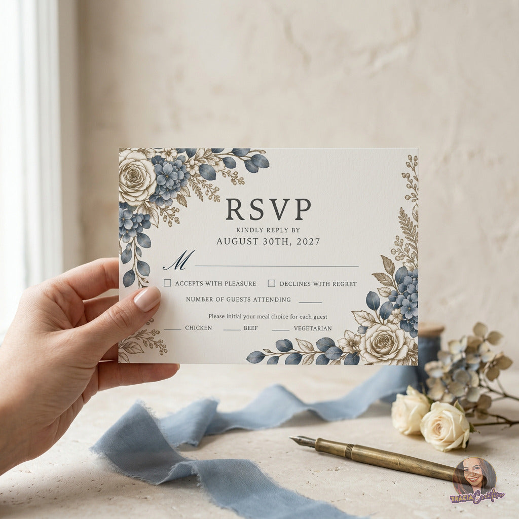 Dusty Blue Hydrangea Wedding RSVP Card Template, Editable Canva Response Card, 5x3.5