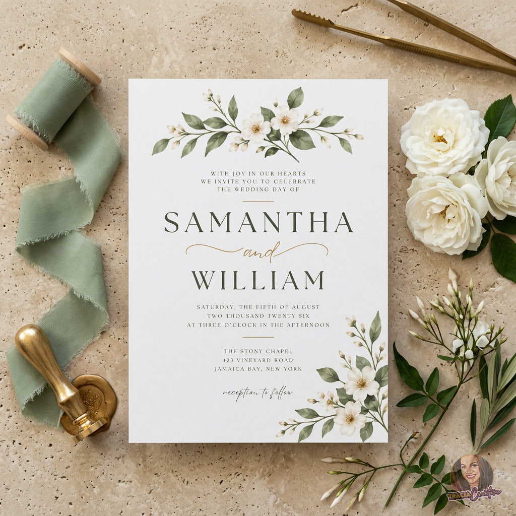 Ivory Floral Wedding Invitation Template, Sage Green Botanical Wedding Invite, Editable Canva, Printable 5x7