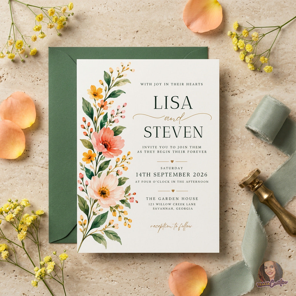 Coral Wildflower Wedding Invitation Template, Elegant Garden Botanical Wedding Invite, Editable Canva, Printable 5x7