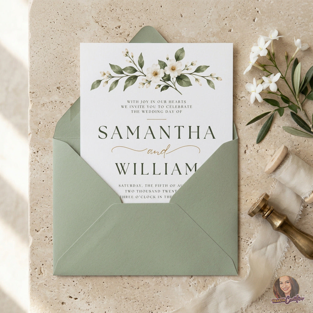 Ivory Floral Wedding Invitation Template, Sage Green Botanical Wedding Invite, Editable Canva, Printable 5x7