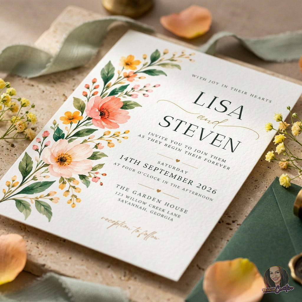 Coral Wildflower Wedding Invitation Template, Elegant Garden Botanical Wedding Invite, Editable Canva, Printable 5x7