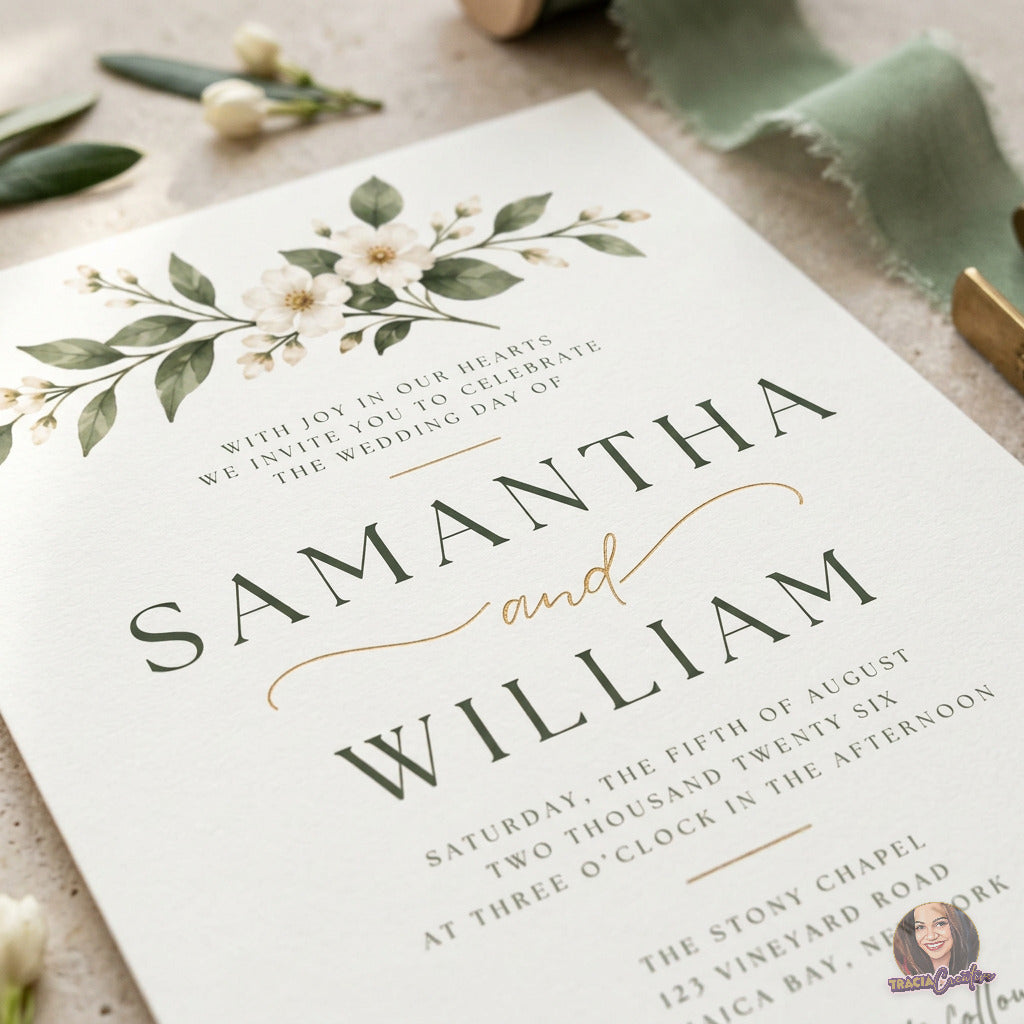 Ivory Floral Wedding Invitation Template, Sage Green Botanical Wedding Invite, Editable Canva, Printable 5x7
