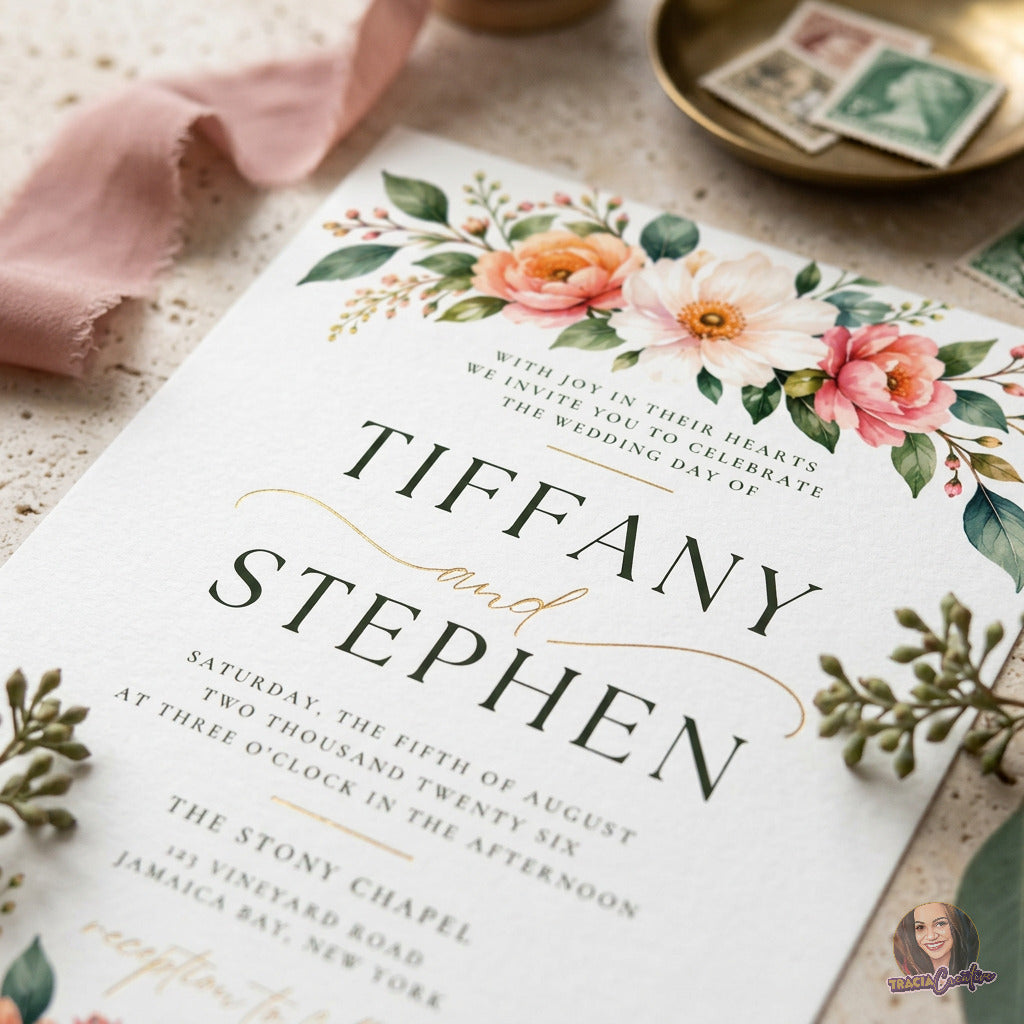 Elegant Watercolor Floral Wedding Invitation Template, Coral Blush Botanical Wedding Invite, Editable Canva Template, Printable 5x7 Invitation