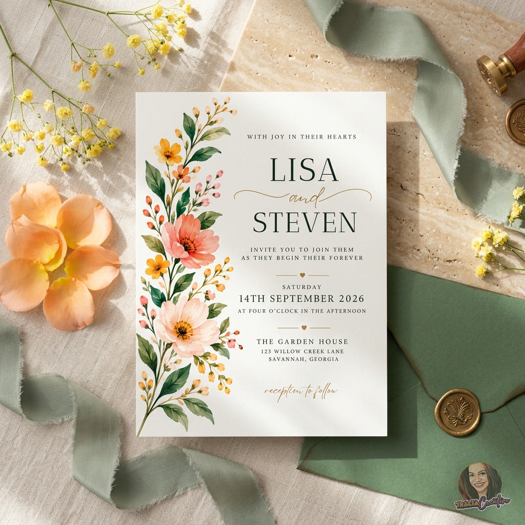 Coral Wildflower Wedding Invitation Template, Elegant Garden Botanical Wedding Invite, Editable Canva, Printable 5x7