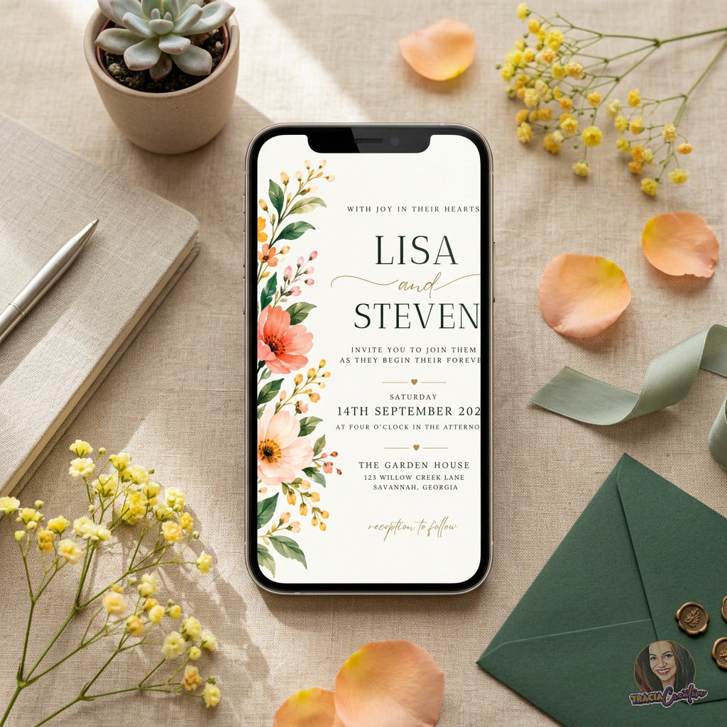 Coral Wildflower Wedding Invitation Template, Elegant Garden Botanical Wedding Invite, Editable Canva, Printable 5x7