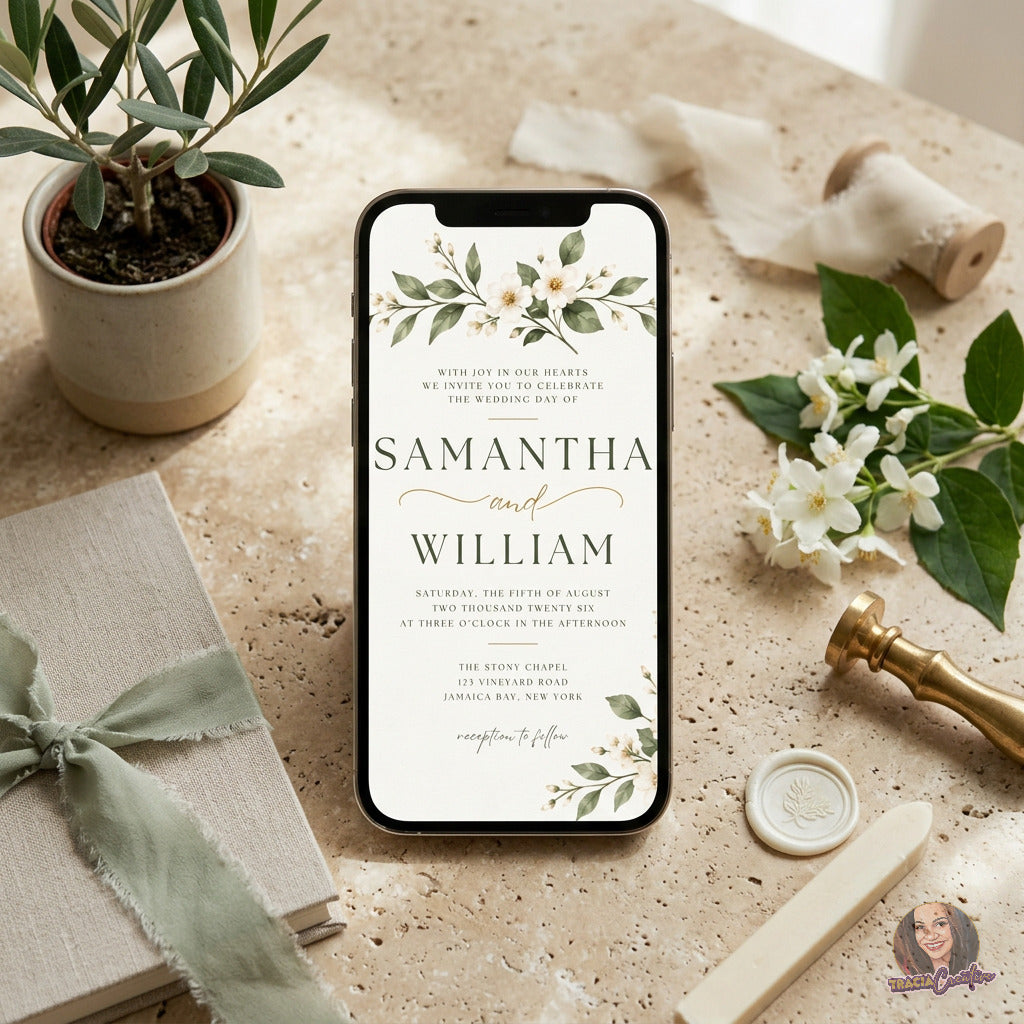 Ivory Floral Wedding Invitation Template, Sage Green Botanical Wedding Invite, Editable Canva, Printable 5x7