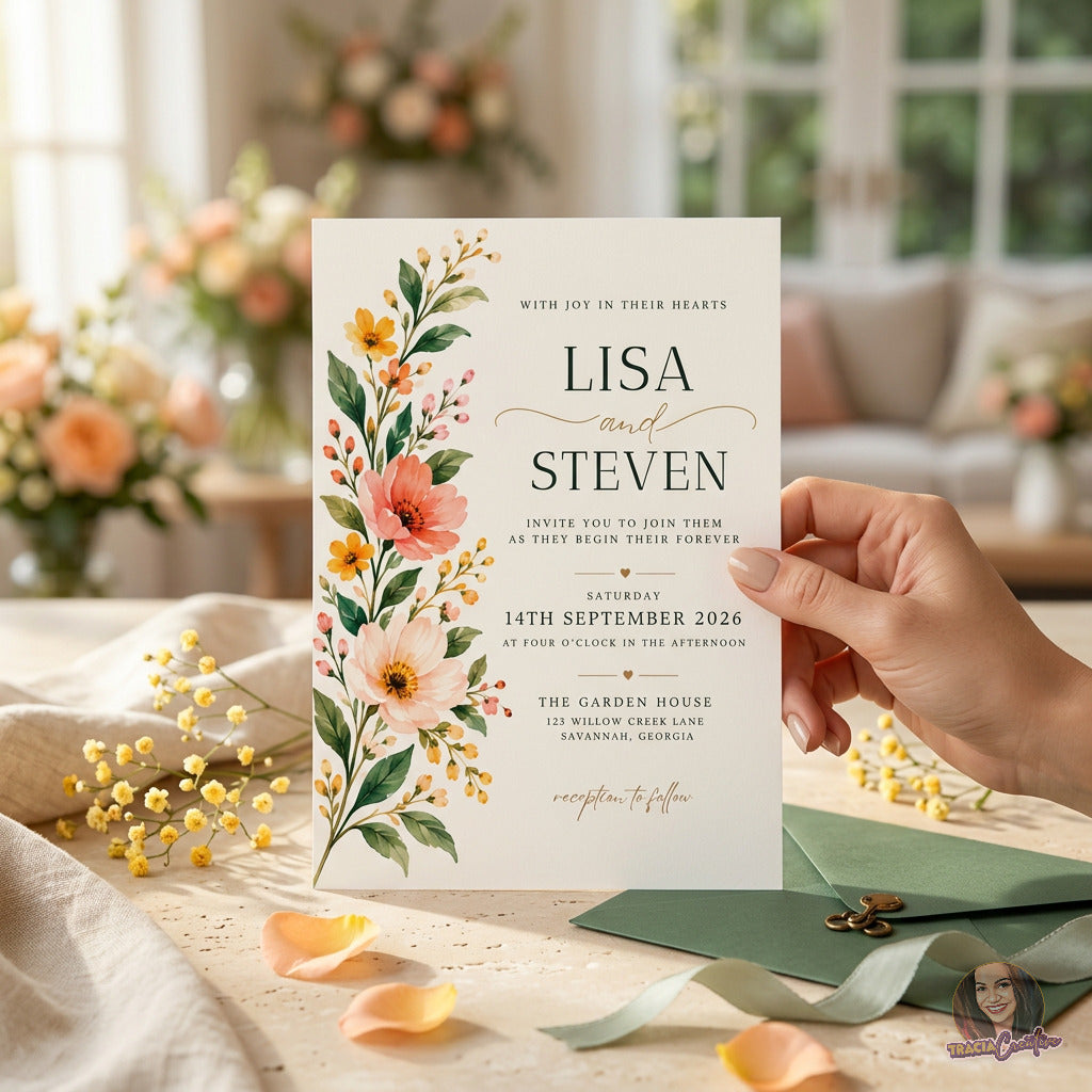 Coral Wildflower Wedding Invitation Template, Elegant Garden Botanical Wedding Invite, Editable Canva, Printable 5x7