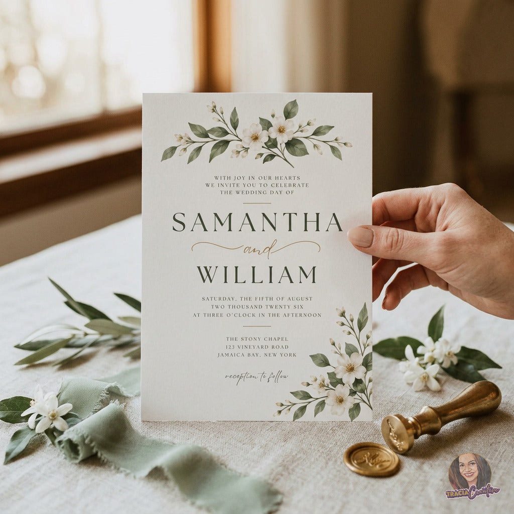 Ivory Floral Wedding Invitation Template, Sage Green Botanical Wedding Invite, Editable Canva, Printable 5x7