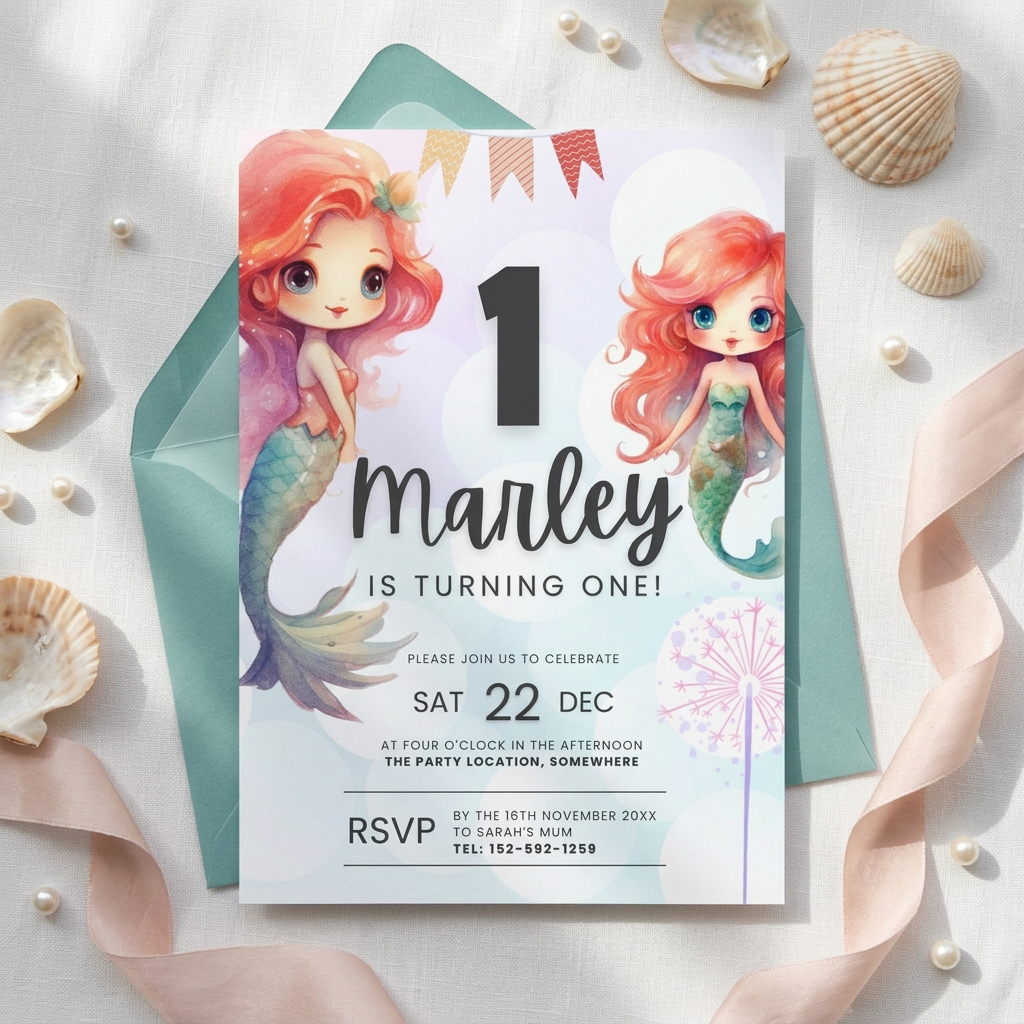 Mermaid First Birthday Invitation Template, Under the Sea Girls’ 1st Birthday Party Invite, Editable Canva Template, Printable 5x7 Invitation