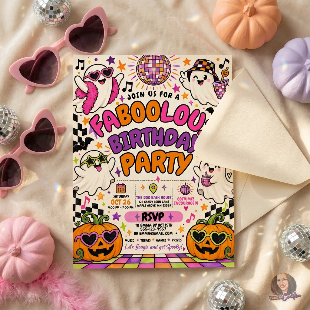 Faboolous Birthday Party Invitation Template, Halloween Disco Ghost Party Invite, Editable Canva Halloween Birthday Invitation, Printable 5x7