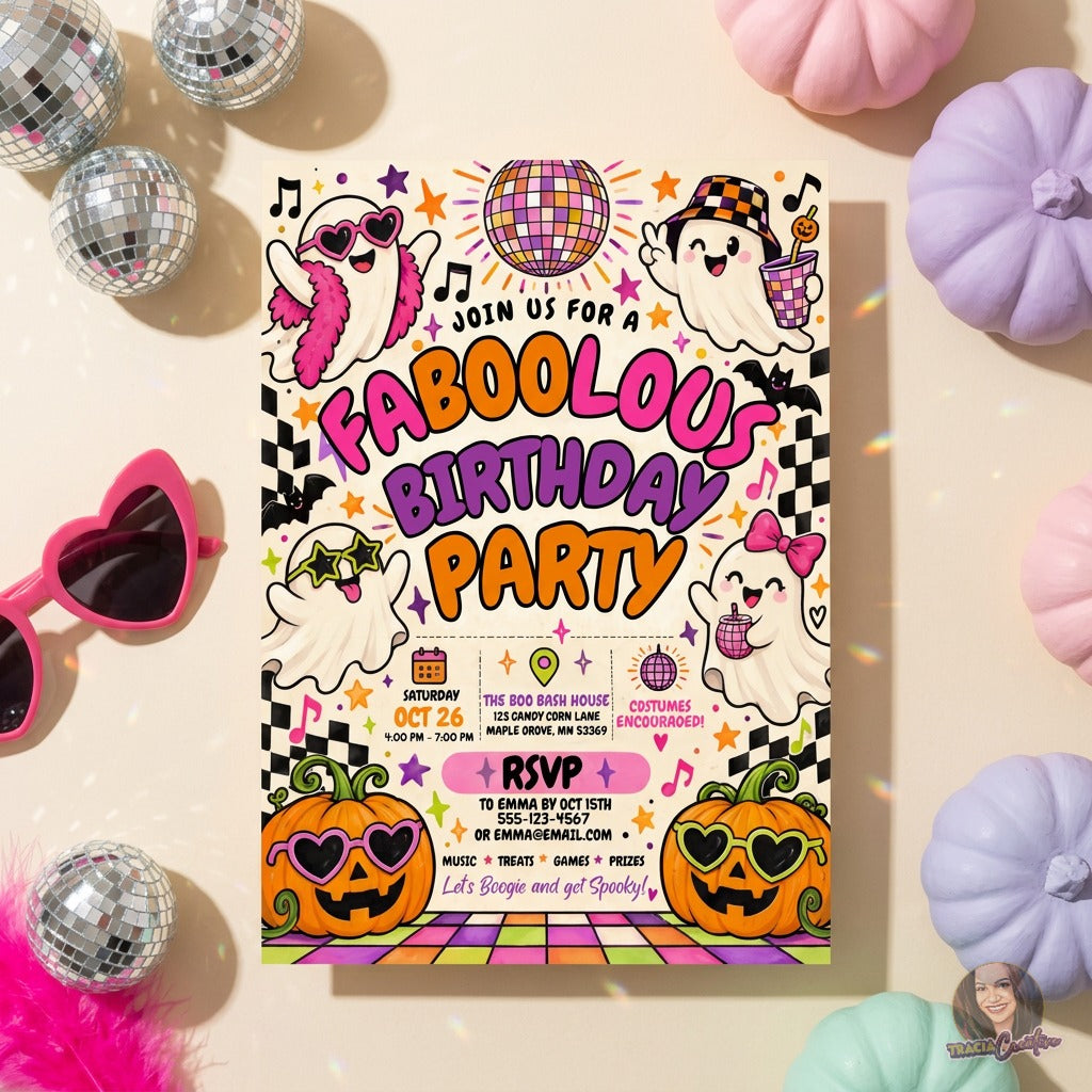 Faboolous Birthday Party Invitation Template, Halloween Disco Ghost Party Invite, Editable Canva Halloween Birthday Invitation, Printable 5x7