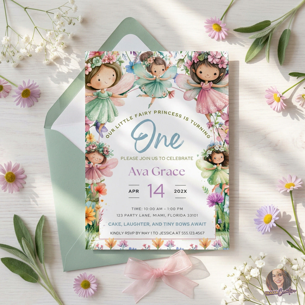 Fairy Princess First Birthday Invitation Template, Magical Girls’ 1st Birthday Party Invite, Editable Canva Template, Printable 5x7 Invitation