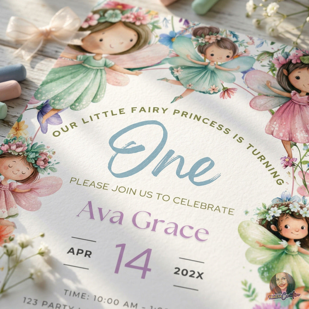 Fairy Princess First Birthday Invitation Template, Magical Girls’ 1st Birthday Party Invite, Editable Canva Template, Printable 5x7 Invitation