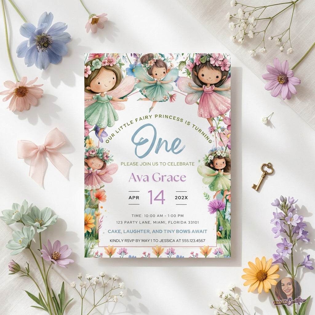Fairy Princess First Birthday Invitation Template, Magical Girls’ 1st Birthday Party Invite, Editable Canva Template, Printable 5x7 Invitation