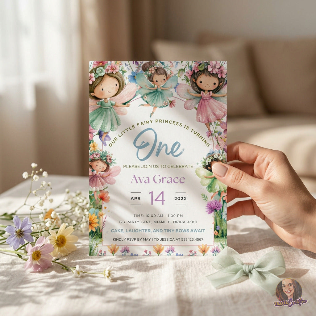 Fairy Princess First Birthday Invitation Template, Magical Girls’ 1st Birthday Party Invite, Editable Canva Template, Printable 5x7 Invitation