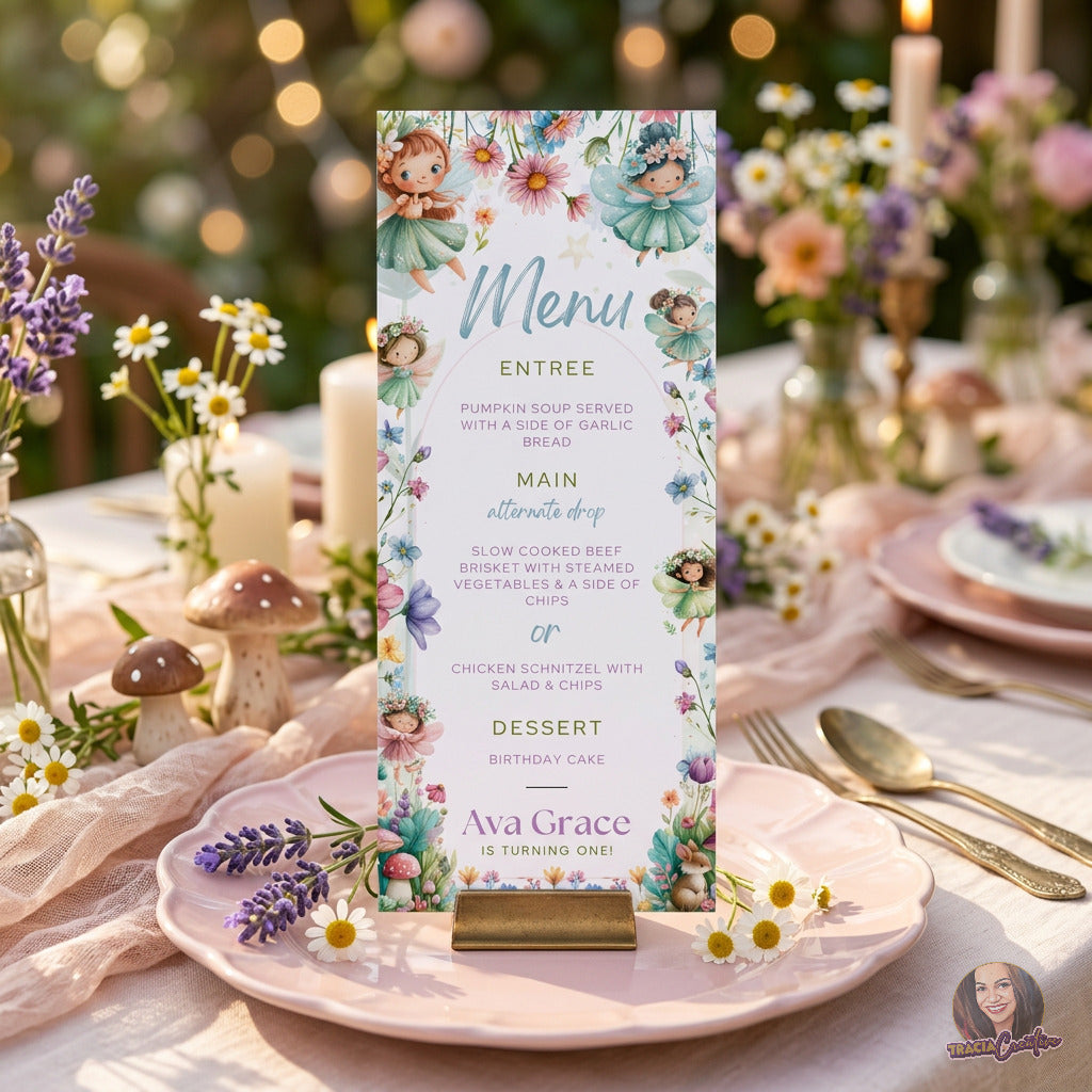 Fairy Princess 1st Birthday Menu Template, Enchanted Garden Party Food Sign, Editable Canva, Printable Table Decor