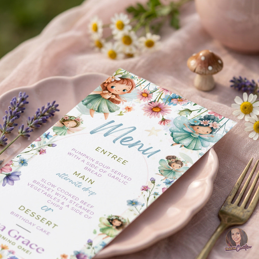 Fairy Princess 1st Birthday Menu Template, Enchanted Garden Party Food Sign, Editable Canva, Printable Table Decor