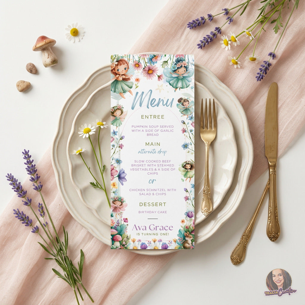 Fairy Princess 1st Birthday Menu Template, Enchanted Garden Party Food Sign, Editable Canva, Printable Table Decor