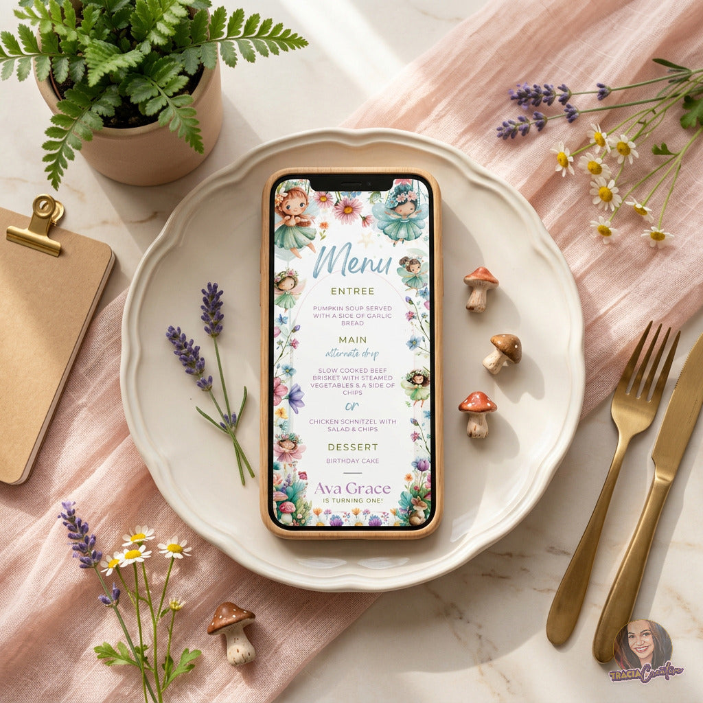 Fairy Princess 1st Birthday Menu Template, Enchanted Garden Party Food Sign, Editable Canva, Printable Table Decor