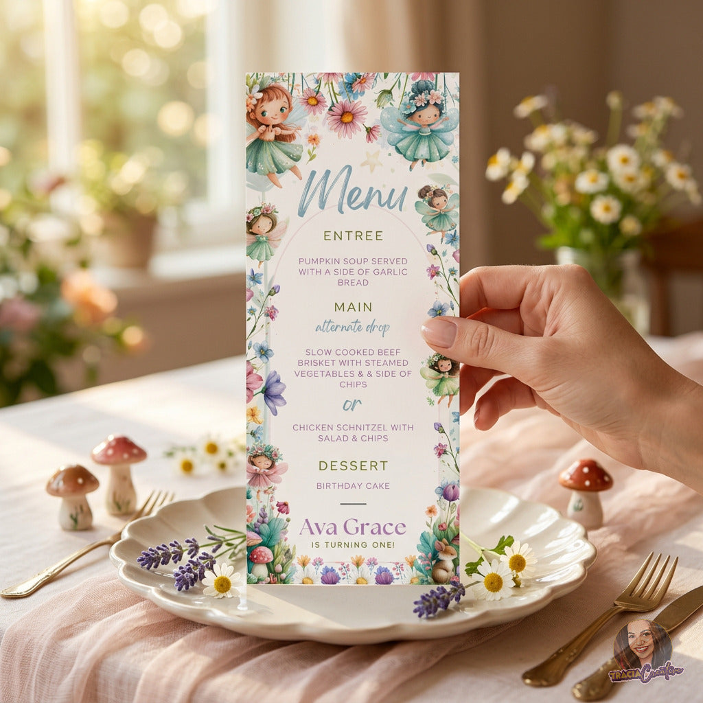 Fairy Princess 1st Birthday Menu Template, Enchanted Garden Party Food Sign, Editable Canva, Printable Table Decor