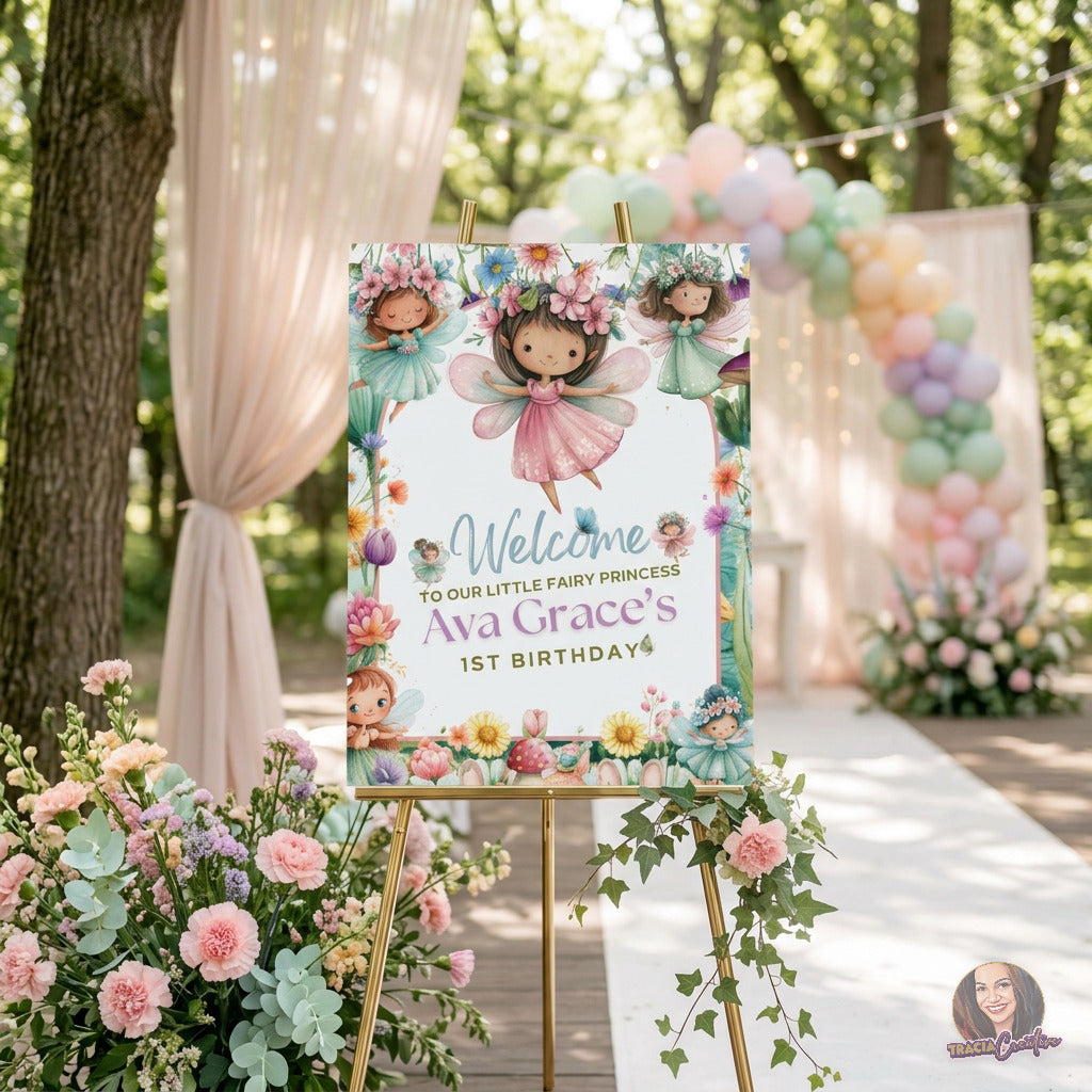 Fairy Princess First Birthday Welcome Sign Template, Magical Girls’ 1st Birthday Party Sign, Editable Canva Printable