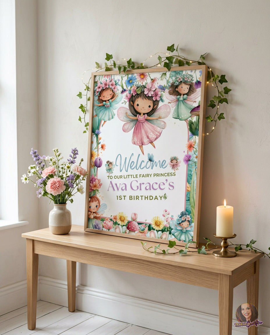 Fairy Princess First Birthday Welcome Sign Template, Magical Girls’ 1st Birthday Party Sign, Editable Canva Printable