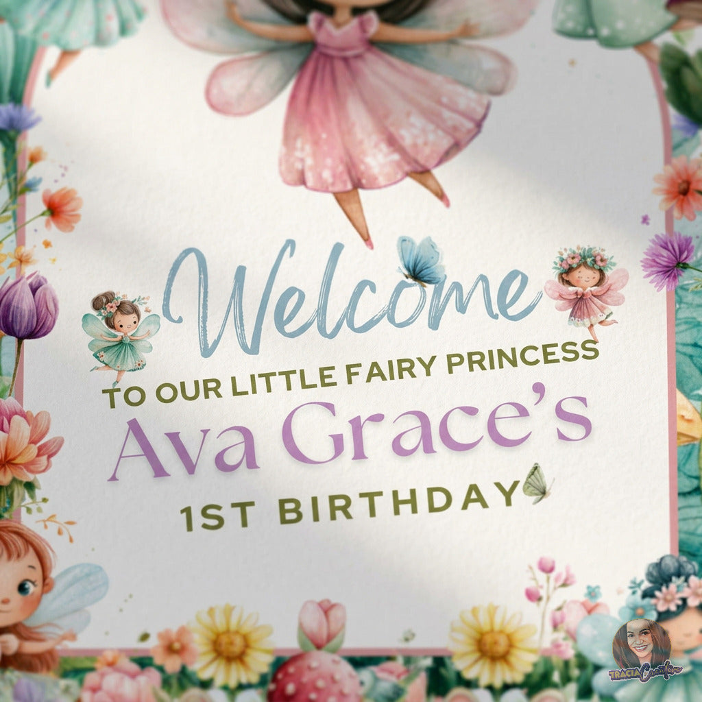 Fairy Princess First Birthday Welcome Sign Template, Magical Girls’ 1st Birthday Party Sign, Editable Canva Printable