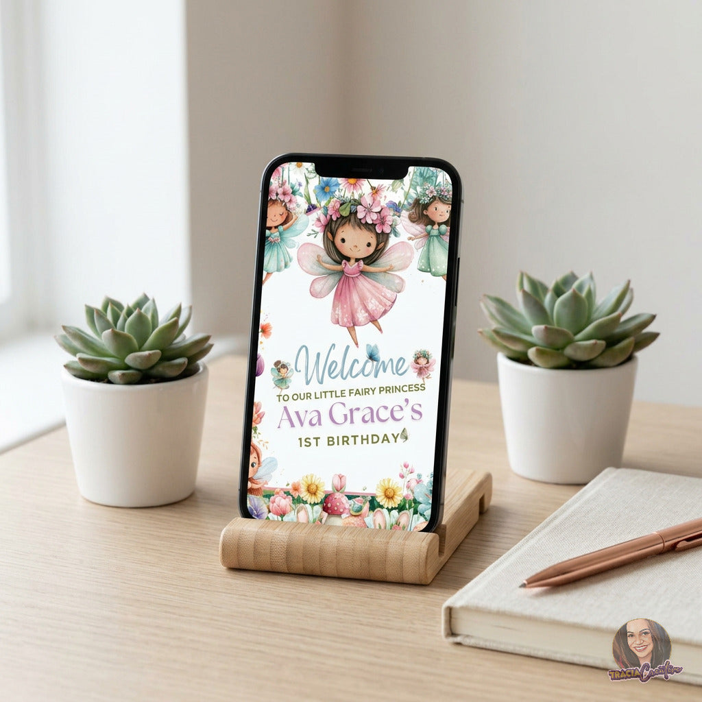 Fairy Princess First Birthday Welcome Sign Template, Magical Girls’ 1st Birthday Party Sign, Editable Canva Printable