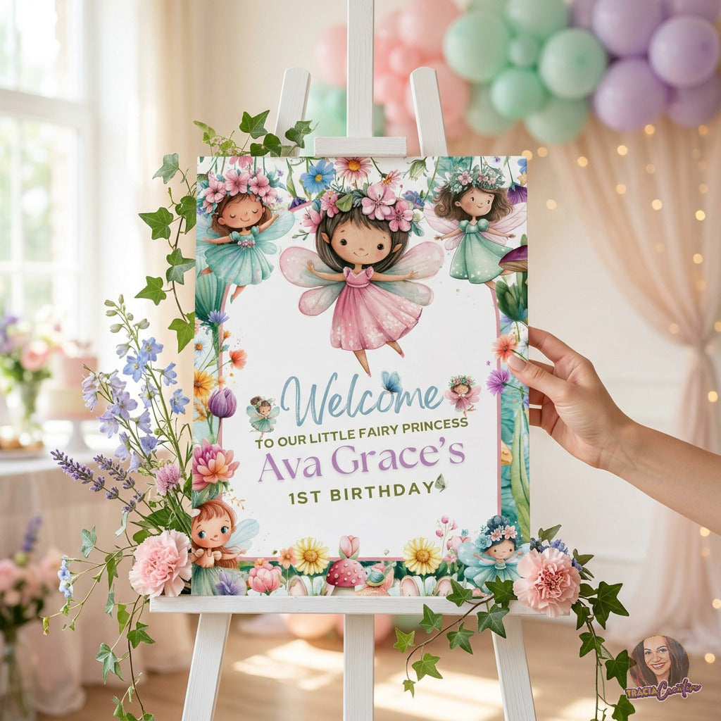 Fairy Princess First Birthday Welcome Sign Template, Magical Girls’ 1st Birthday Party Sign, Editable Canva Printable