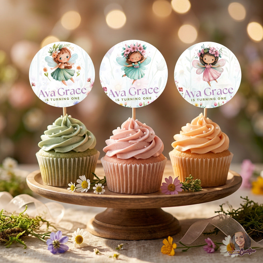 Fairy Princess First Birthday Cupcake Topper Templates, Editable Canva, Printable Fairy Party Decorations, Set of 3