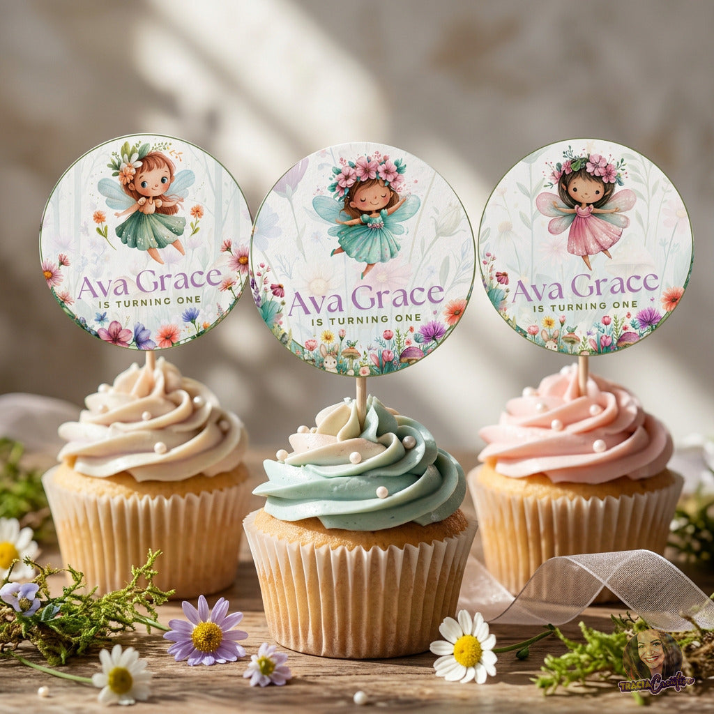 Fairy Princess First Birthday Cupcake Topper Templates, Editable Canva, Printable Fairy Party Decorations, Set of 3