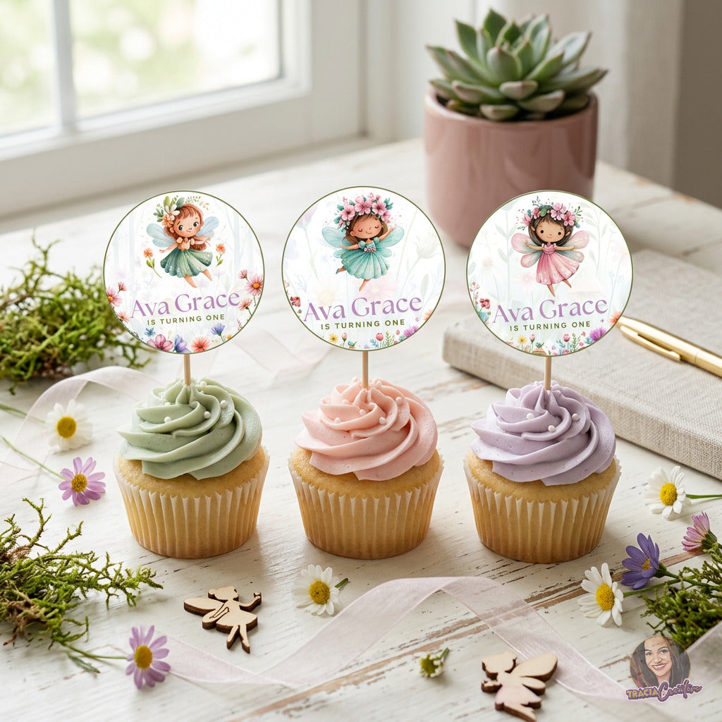 Fairy Princess First Birthday Cupcake Topper Templates, Editable Canva, Printable Fairy Party Decorations, Set of 3