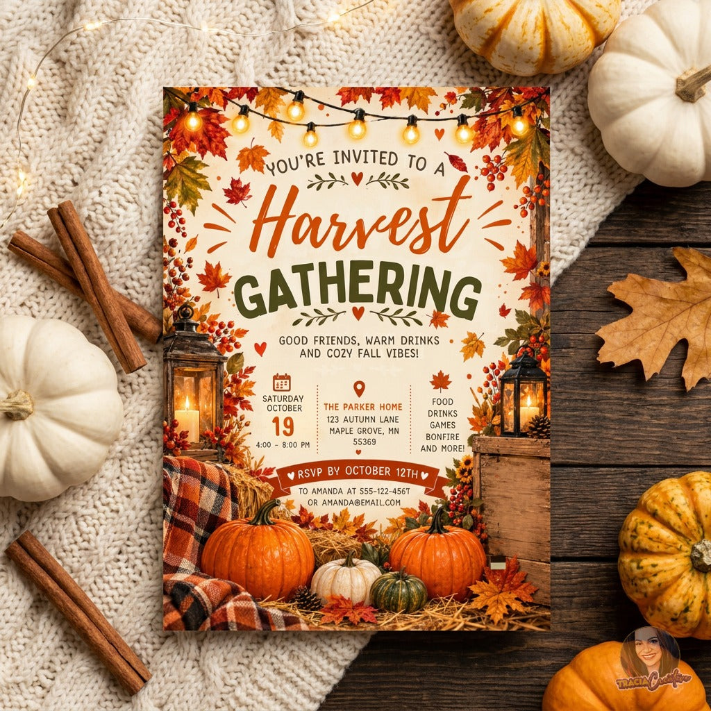 Fall Harvest Gathering Invitation Template, Editable Canva Autumn Party Invite, Rustic Pumpkin Bonfire Party Thanksgiving Invitation, Printable 5x7