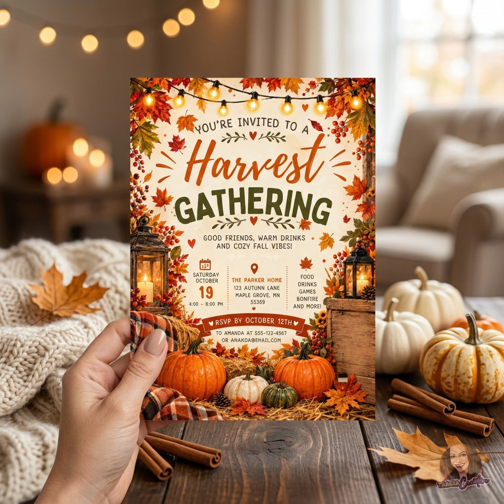Fall Harvest Gathering Invitation Template, Editable Canva Autumn Party Invite, Rustic Pumpkin Bonfire Party Thanksgiving Invitation, Printable 5x7